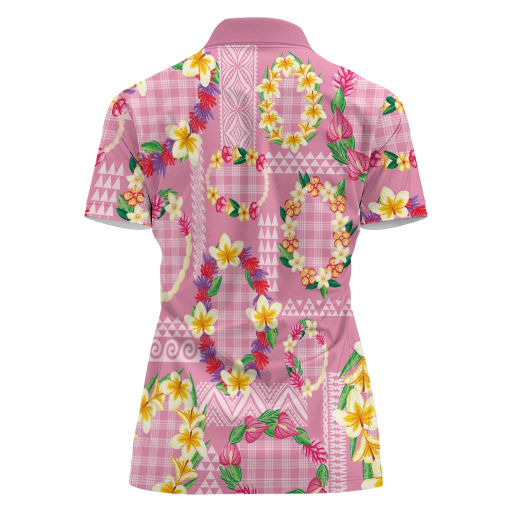 Hawaiian Leis Women Polo Shirt Kakau Tattoos and Palaka Pastel Pink Color