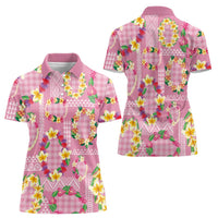 Hawaiian Leis Women Polo Shirt Kakau Tattoos and Palaka Pastel Pink Color
