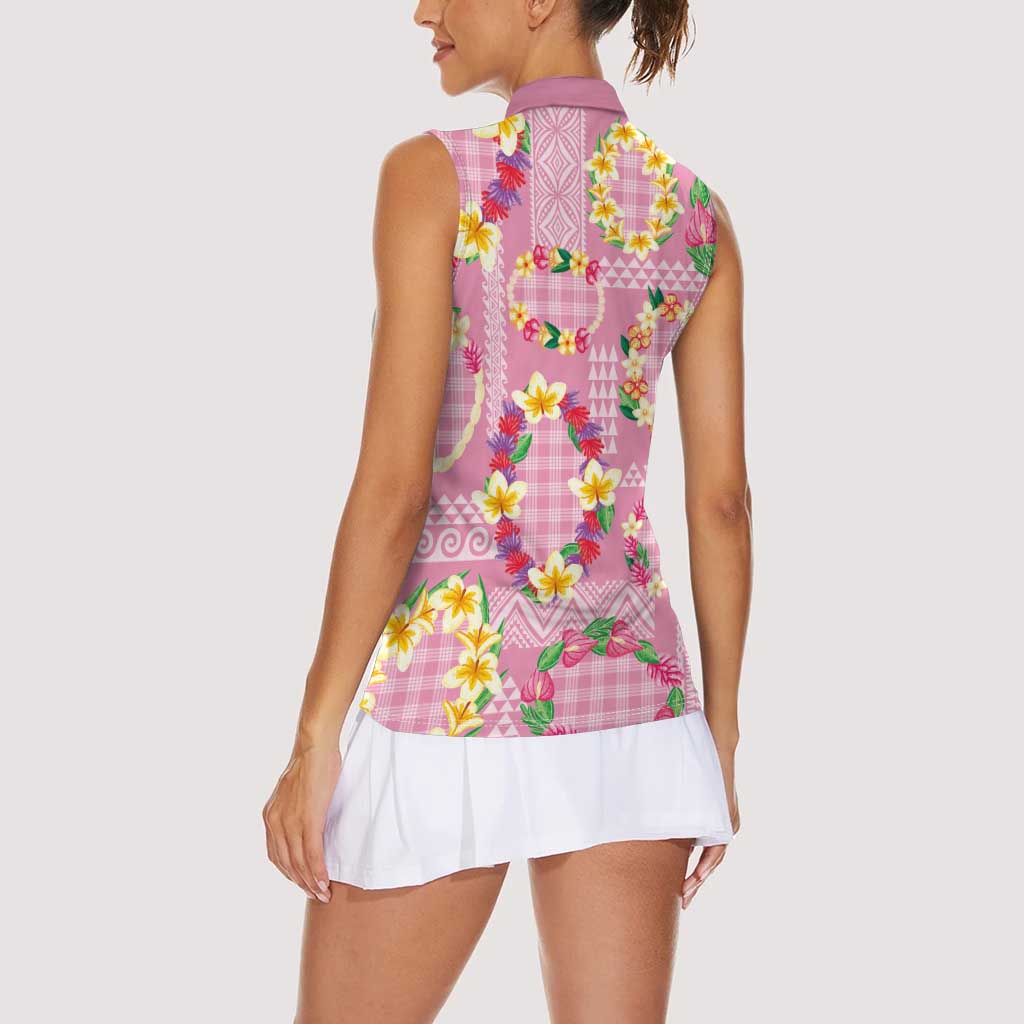 Hawaiian Leis Women Sleeveless Polo Shirt Kakau Tattoos and Palaka Pastel Pink Color LT03 - Polynesian Pride