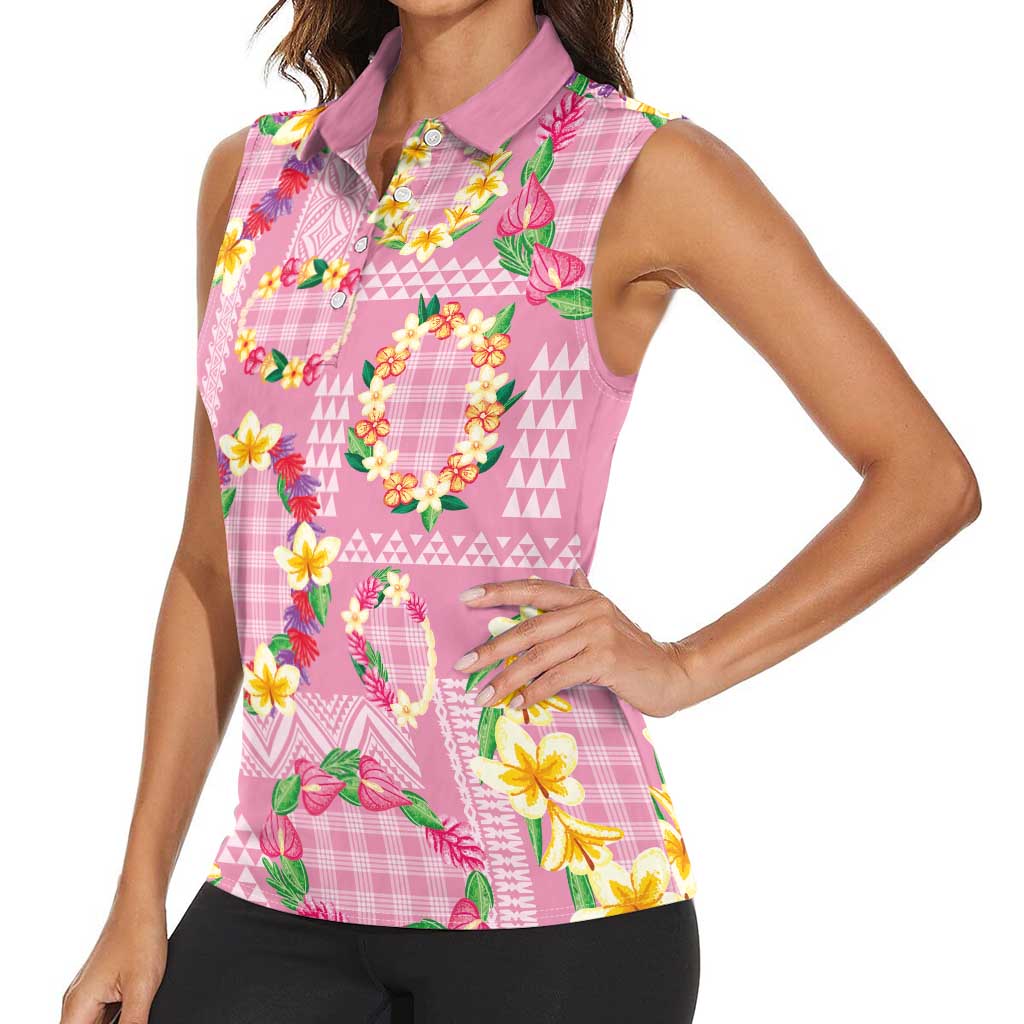 Hawaiian Leis Women Sleeveless Polo Shirt Kakau Tattoos and Palaka Pastel Pink Color LT03 - Polynesian Pride
