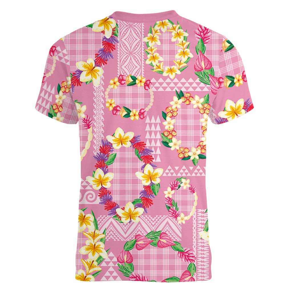 Hawaiian Leis Women V-Neck T-Shirt Kakau Tattoos and Palaka Pastel Pink Color LT03 - Polynesian Pride