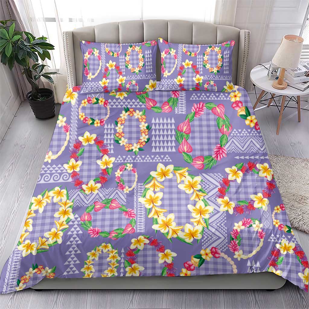 Hawaiian Leis Bedding Set Kakau Tattoos and Palaka Pastel Purple Color