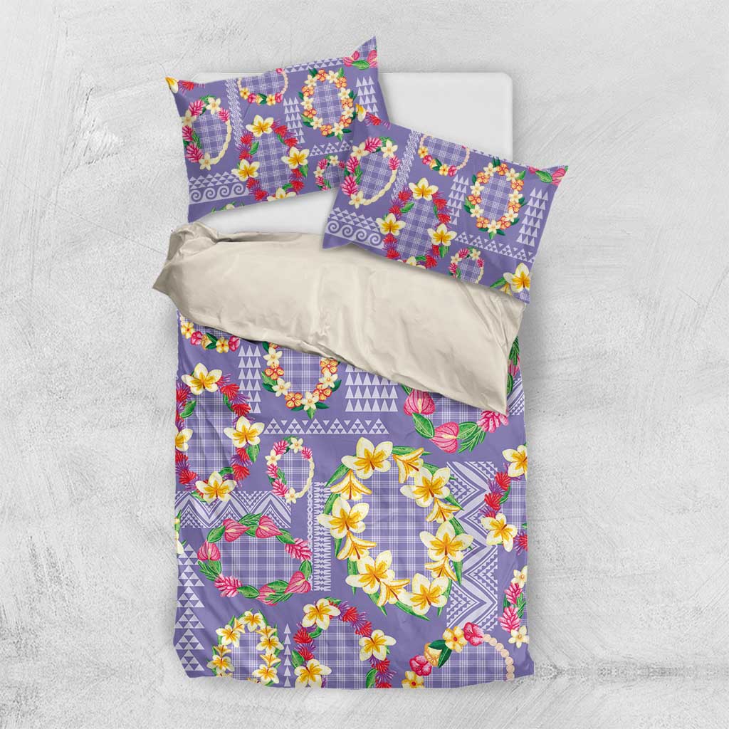 Hawaiian Leis Bedding Set Kakau Tattoos and Palaka Pastel Purple Color