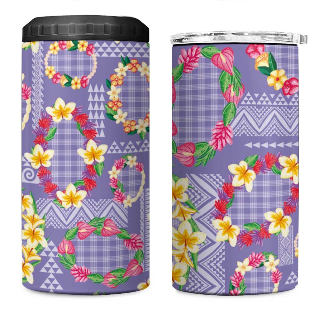 Hawaiian Leis 4 in 1 Can Cooler Tumbler Kakau Tattoos and Palaka Pastel Purple Color