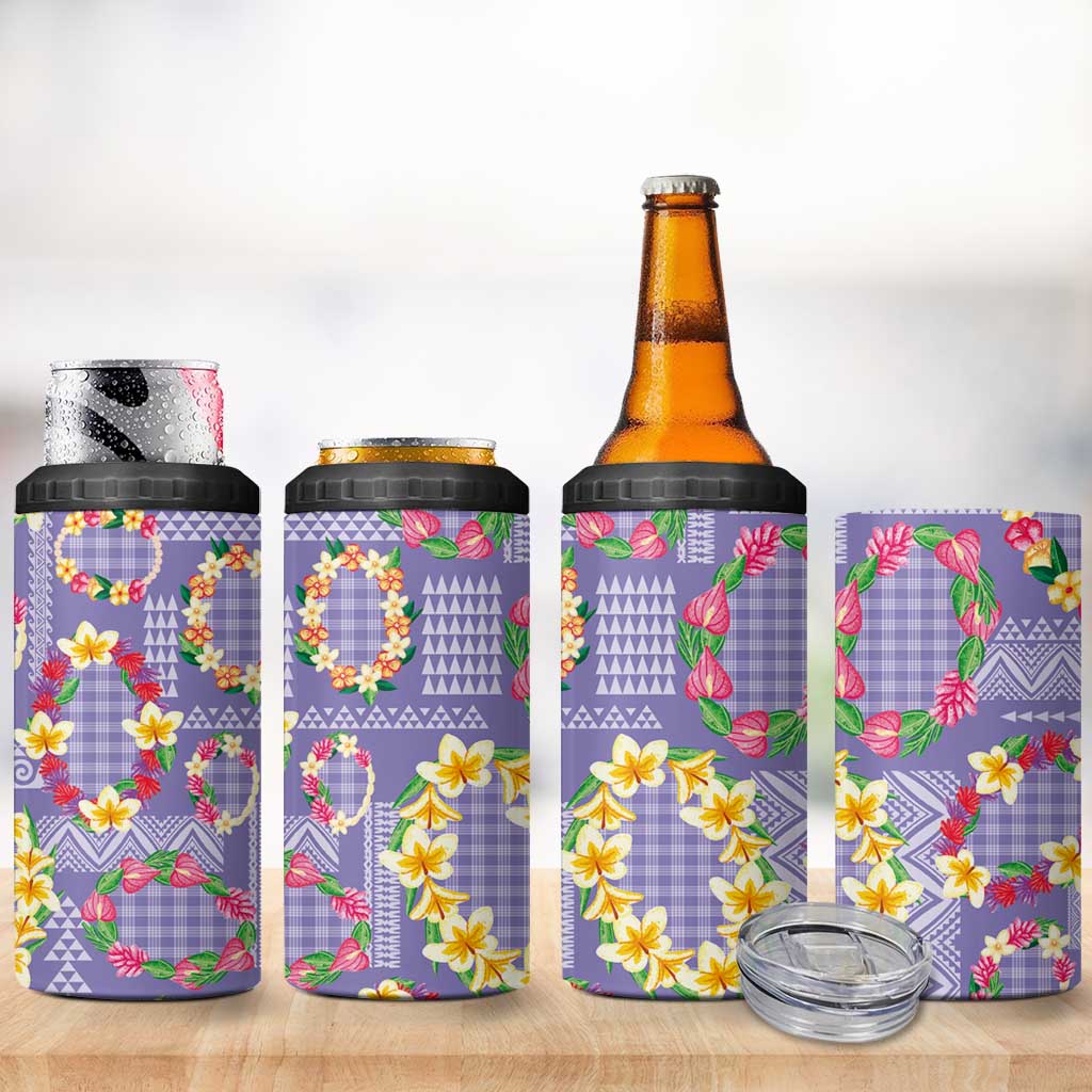 Hawaiian Leis 4 in 1 Can Cooler Tumbler Kakau Tattoos and Palaka Pastel Purple Color