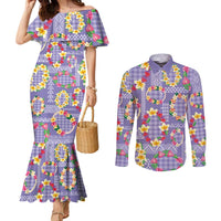 Hawaiian Leis Couples Matching Mermaid Dress and Long Sleeve Button Shirt Kakau Tattoos and Palaka Pastel Purple Color LT03 Purple - Polynesian Pride