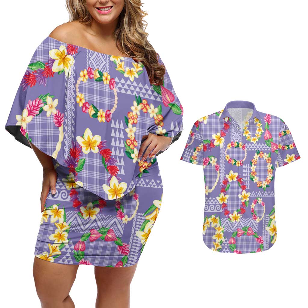 Hawaiian Leis Couples Matching Off Shoulder Short Dress and Hawaiian Shirt Kakau Tattoos and Palaka Pastel Purple Color LT03 Purple - Polynesian Pride