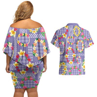 Hawaiian Leis Couples Matching Off Shoulder Short Dress and Hawaiian Shirt Kakau Tattoos and Palaka Pastel Purple Color LT03 - Polynesian Pride