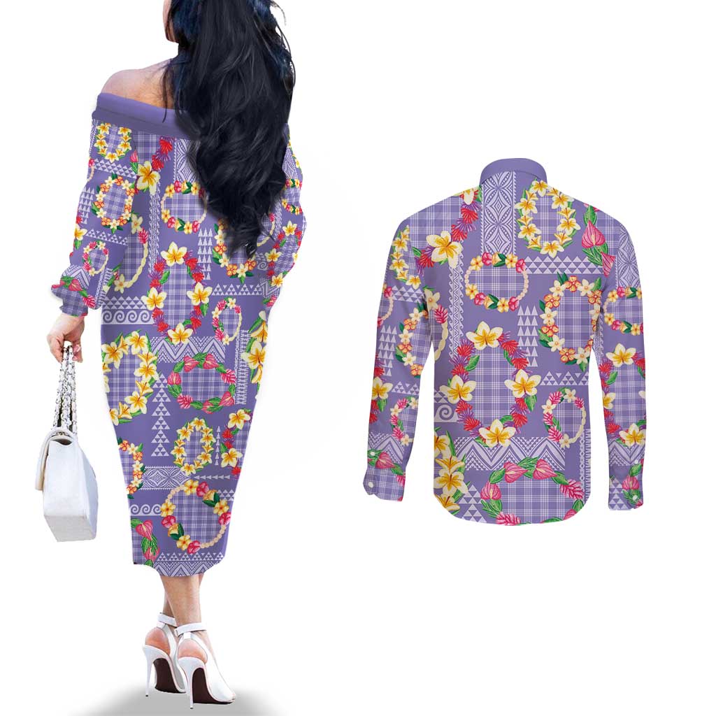 Hawaiian Leis Couples Matching Off The Shoulder Long Sleeve Dress and Long Sleeve Button Shirt Kakau Tattoos and Palaka Pastel Purple Color LT03 - Polynesian Pride