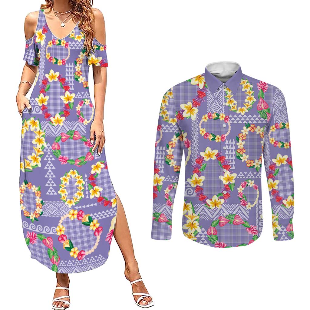 Hawaiian Leis Couples Matching Summer Maxi Dress and Long Sleeve Button Shirt Kakau Tattoos and Palaka Pastel Purple Color LT03 Purple - Polynesian Pride