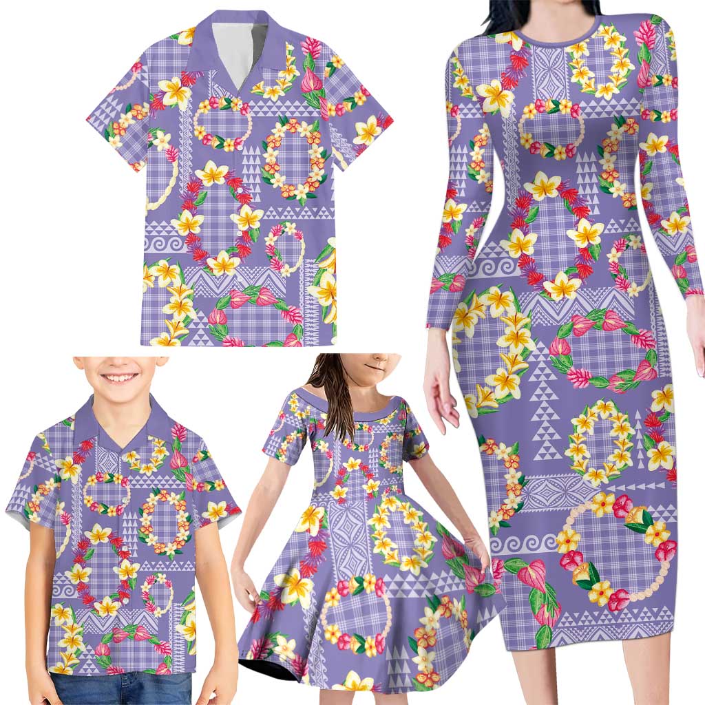 Hawaiian Leis Family Matching Long Sleeve Bodycon Dress and Hawaiian Shirt Kakau Tattoos and Palaka Pastel Purple Color LT03 - Polynesian Pride