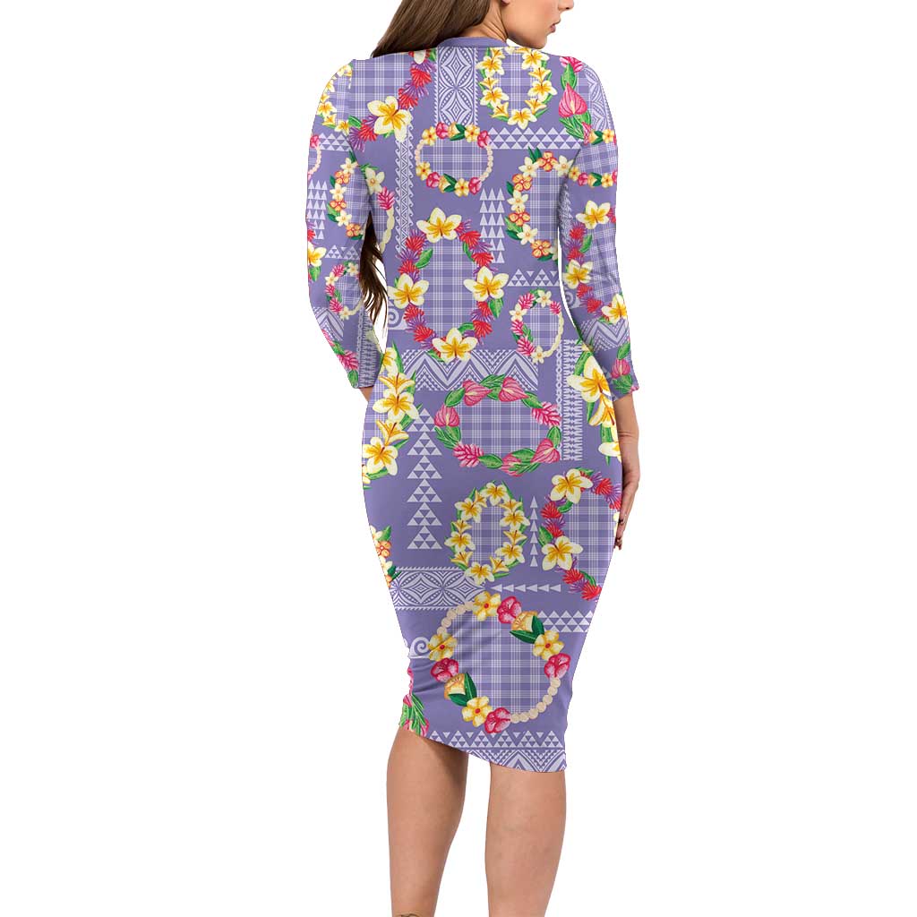 Hawaiian Leis Family Matching Long Sleeve Bodycon Dress and Hawaiian Shirt Kakau Tattoos and Palaka Pastel Purple Color LT03 - Polynesian Pride