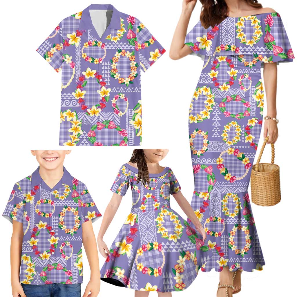 Hawaiian Leis Family Matching Mermaid Dress and Hawaiian Shirt Kakau Tattoos and Palaka Pastel Purple Color LT03 - Polynesian Pride