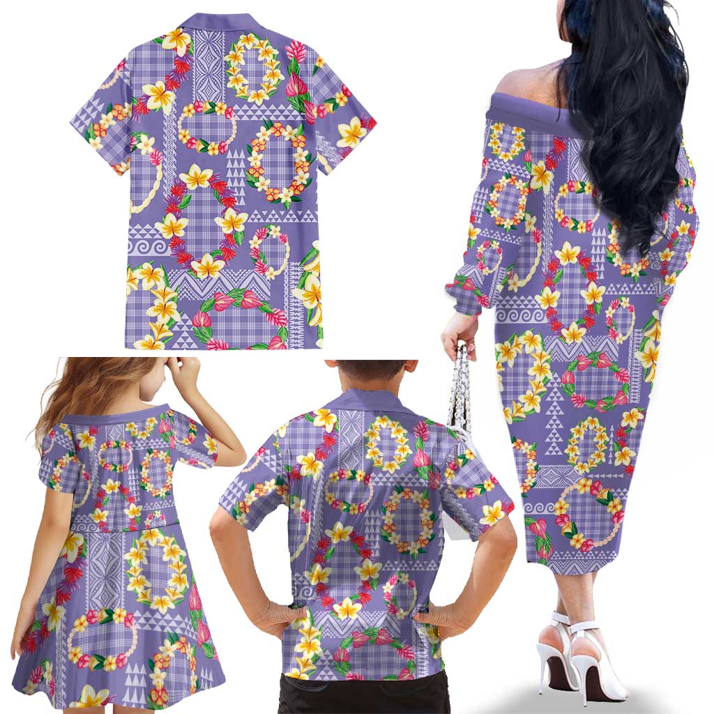 Hawaiian Leis Family Matching Off The Shoulder Long Sleeve Dress and Hawaiian Shirt Kakau Tattoos and Palaka Pastel Purple Color LT03 - Polynesian Pride