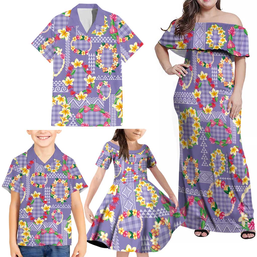 Hawaiian Leis Family Matching Off Shoulder Maxi Dress and Hawaiian Shirt Kakau Tattoos and Palaka Pastel Purple Color