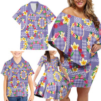 Hawaiian Leis Family Matching Off Shoulder Short Dress and Hawaiian Shirt Kakau Tattoos and Palaka Pastel Purple Color LT03 - Polynesian Pride