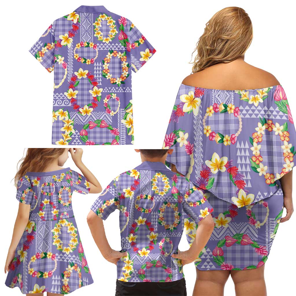 Hawaiian Leis Family Matching Off Shoulder Short Dress and Hawaiian Shirt Kakau Tattoos and Palaka Pastel Purple Color LT03 - Polynesian Pride