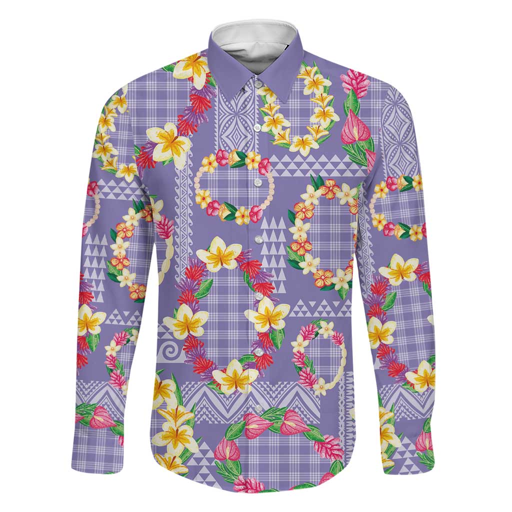 Hawaiian Leis Family Matching Puletasi and Hawaiian Shirt Kakau Tattoos and Palaka Pastel Purple Color LT03 Dad's Shirt - Long Sleeve Purple - Polynesian Pride