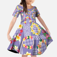 Hawaiian Leis Family Matching Short Sleeve Bodycon Dress and Hawaiian Shirt Kakau Tattoos and Palaka Pastel Purple Color LT03 Daughter's Dress Purple - Polynesian Pride