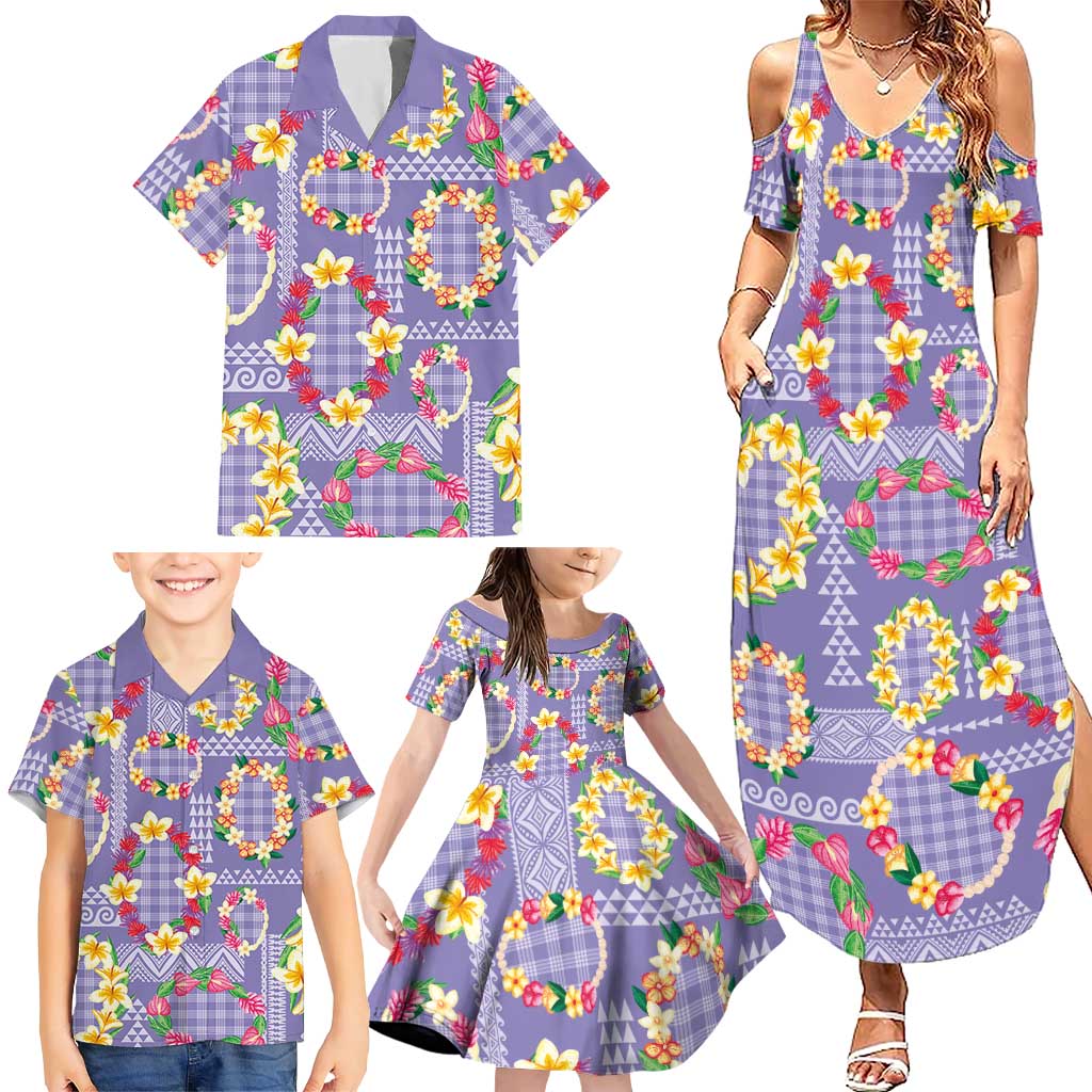 Hawaiian Leis Family Matching Summer Maxi Dress and Hawaiian Shirt Kakau Tattoos and Palaka Pastel Purple Color LT03 - Polynesian Pride