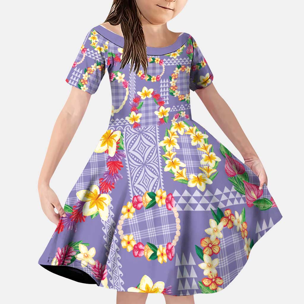 Hawaiian Leis Family Matching Tank Maxi Dress and Hawaiian Shirt Kakau Tattoos and Palaka Pastel Purple Color LT03 Daughter's Dress Purple - Polynesian Pride