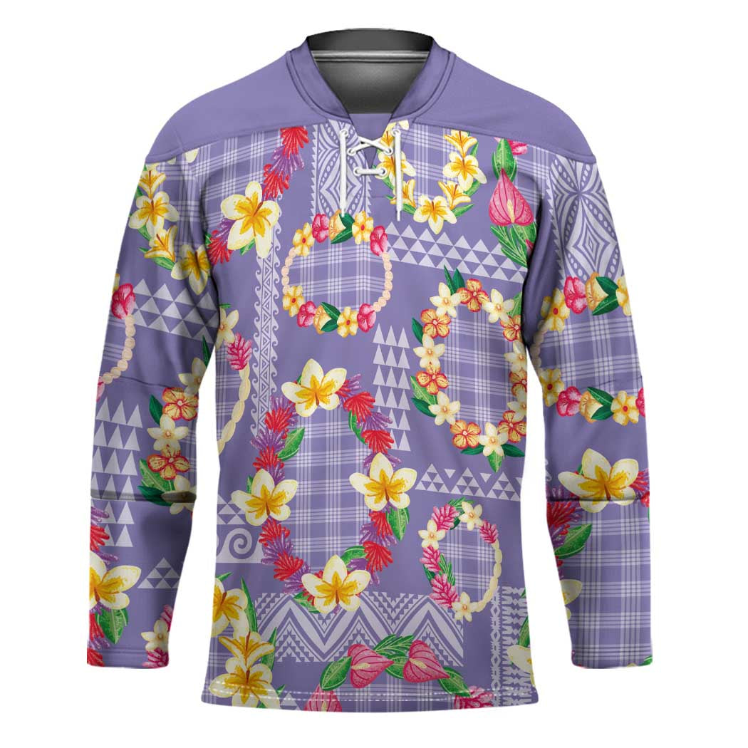 Hawaiian Leis Hockey Jersey Kakau Tattoos and Palaka Pastel Purple Color
