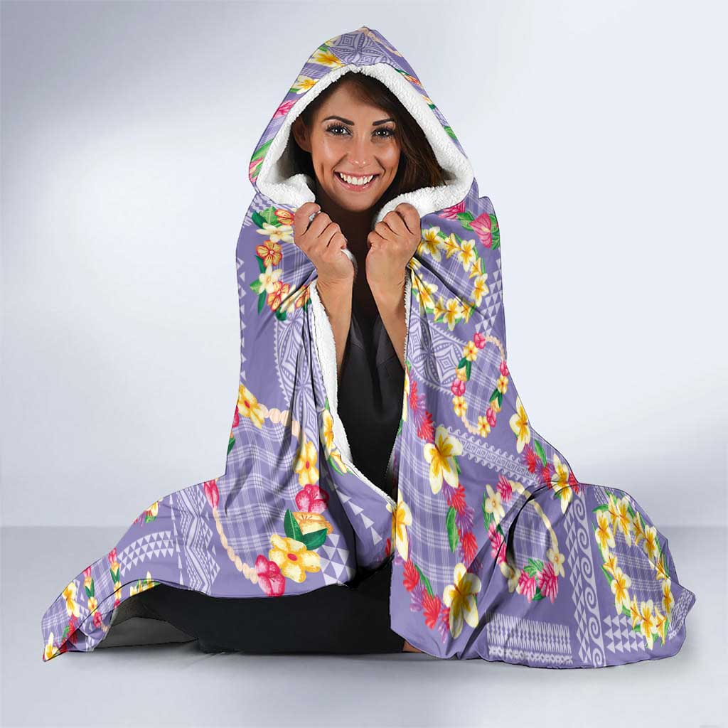 Hawaiian Leis Hooded Blanket Kakau Tattoos and Palaka Pastel Purple Color