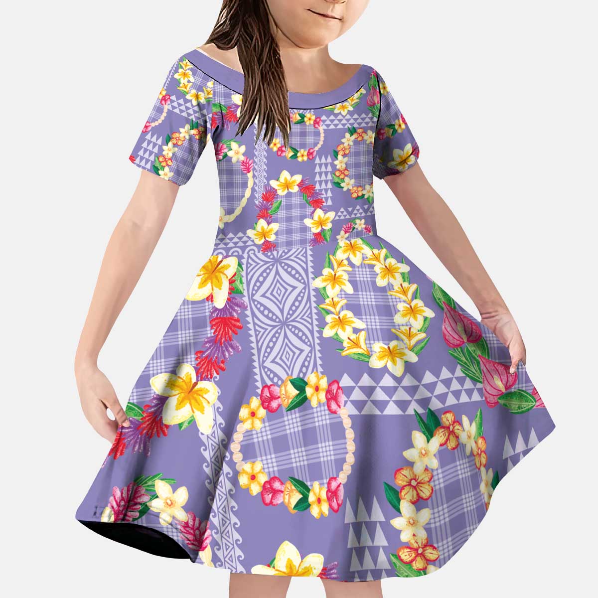 Hawaiian Leis Kid Short Sleeve Dress Kakau Tattoos and Palaka Pastel Purple Color