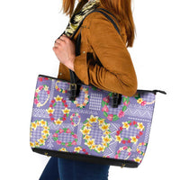 Hawaiian Leis Leather Tote Bag Kakau Tattoos and Palaka Pastel Purple Color