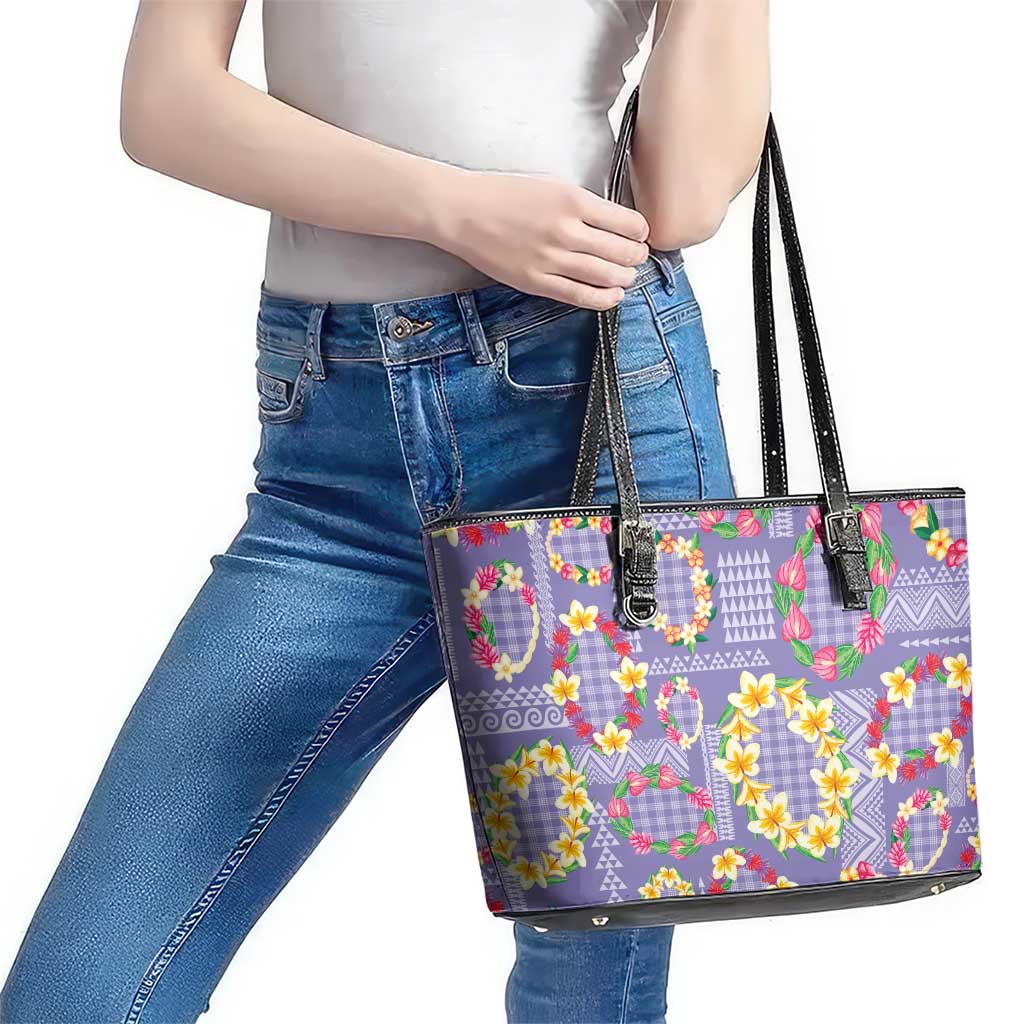 Hawaiian Leis Leather Tote Bag Kakau Tattoos and Palaka Pastel Purple Color