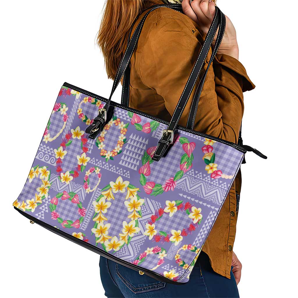 Hawaiian Leis Leather Tote Bag Kakau Tattoos and Palaka Pastel Purple Color
