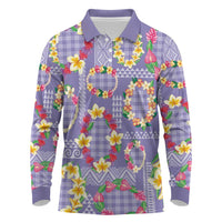 Hawaiian Leis Long Sleeve Polo Shirt Kakau Tattoos and Palaka Pastel Purple Color
