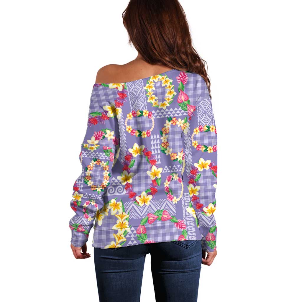 Hawaiian Leis Off Shoulder Sweater Kakau Tattoos and Palaka Pastel Purple Color