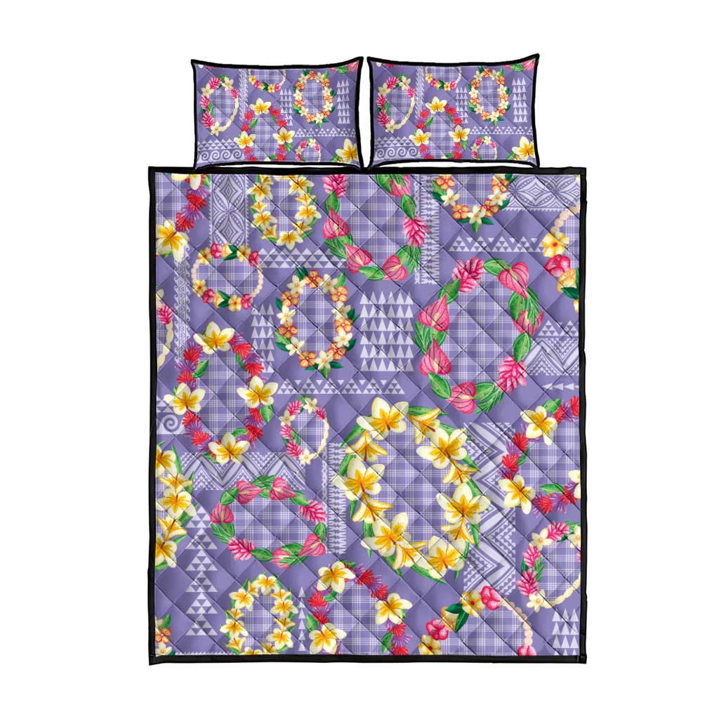 Hawaiian Leis Quilt Bed Set Kakau Tattoos and Palaka Pastel Purple Color