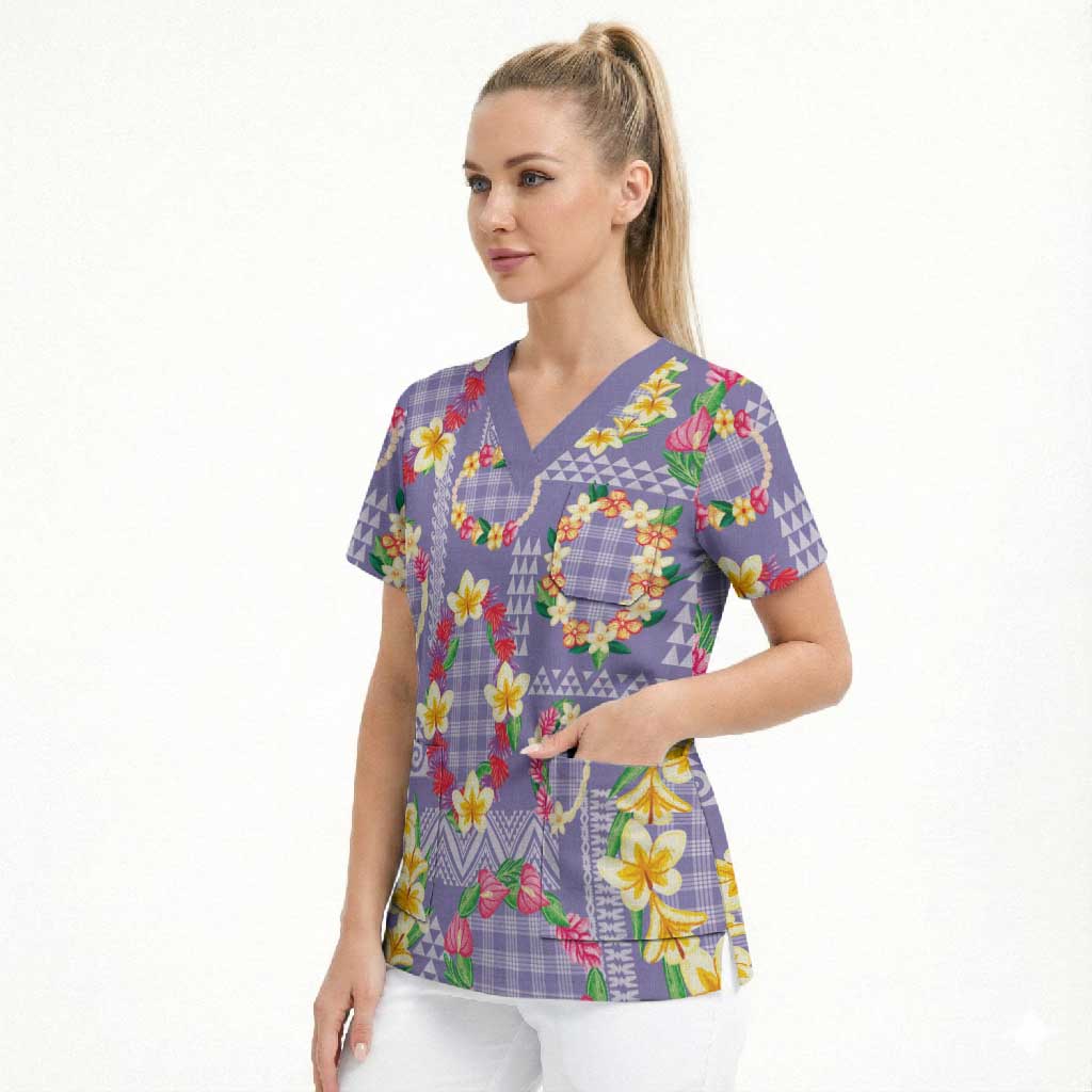 Hawaiian Leis Scrub Top Kakau Tattoos and Palaka Pastel Purple Color