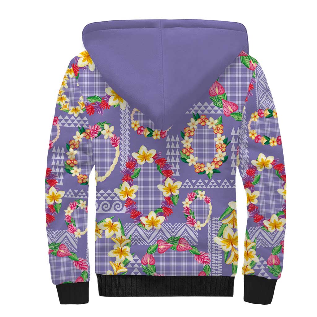 Hawaiian Leis Sherpa Hoodie Kakau Tattoos and Palaka Pastel Purple Color