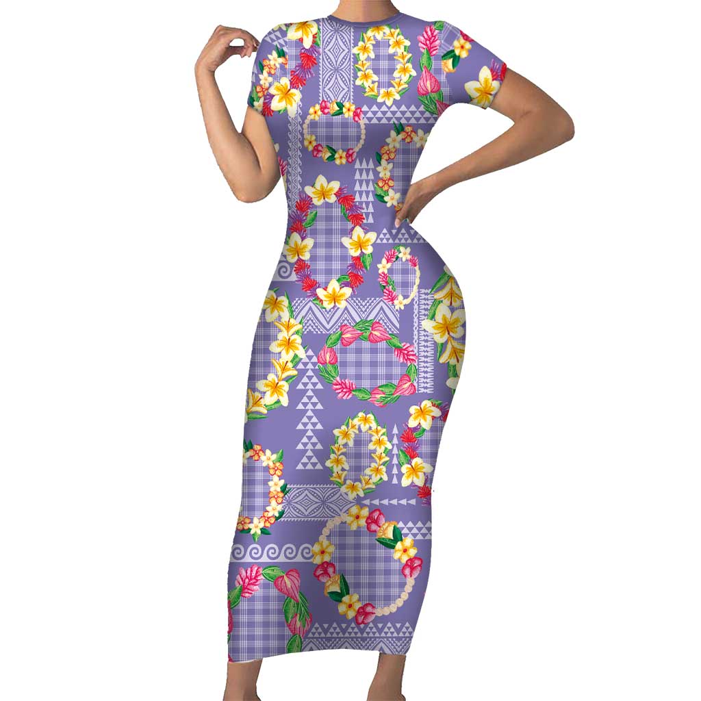 Hawaiian Leis Short Sleeve Bodycon Dress Kakau Tattoos and Palaka Pastel Purple Color
