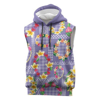 Hawaiian Leis Sleeveless Hoodie Kakau Tattoos and Palaka Pastel Purple Color