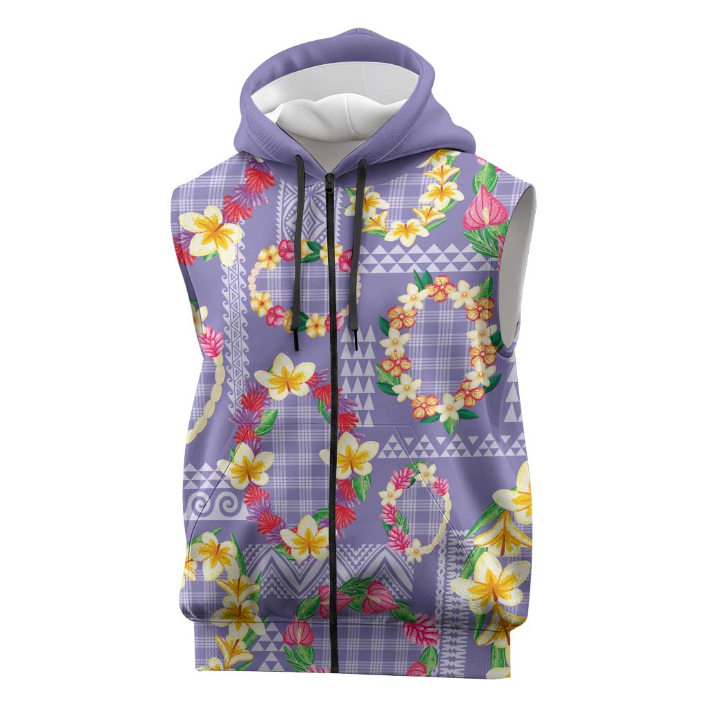 Hawaiian Leis Sleeveless Zip Hoodie Kakau Tattoos and Palaka Pastel Purple Color