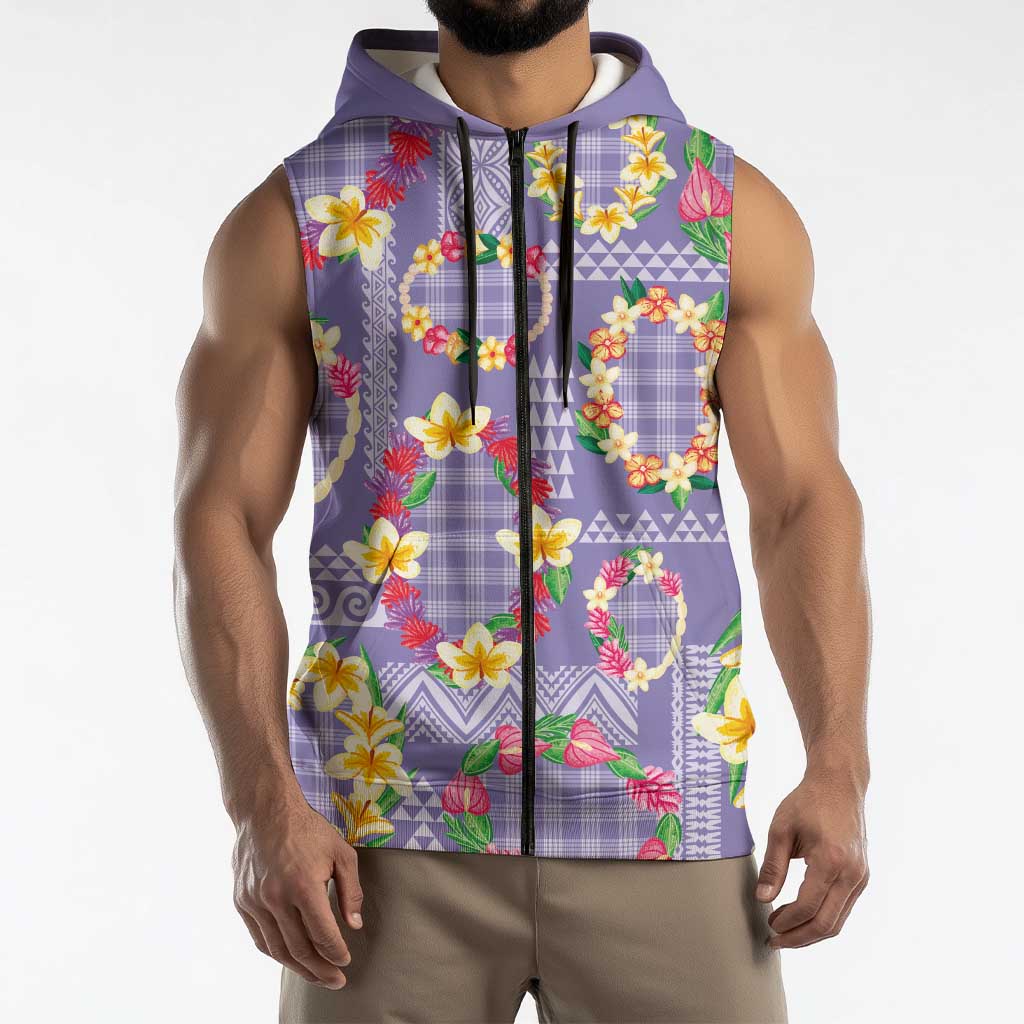 Hawaiian Leis Sleeveless Zip Hoodie Kakau Tattoos and Palaka Pastel Purple Color