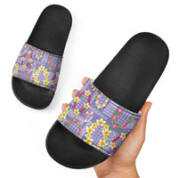 Hawaiian Leis Slide Sandals Kakau Tattoos and Palaka Pastel Purple Color