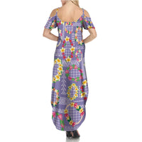 Hawaiian Leis Summer Maxi Dress Kakau Tattoos and Palaka Pastel Purple Color