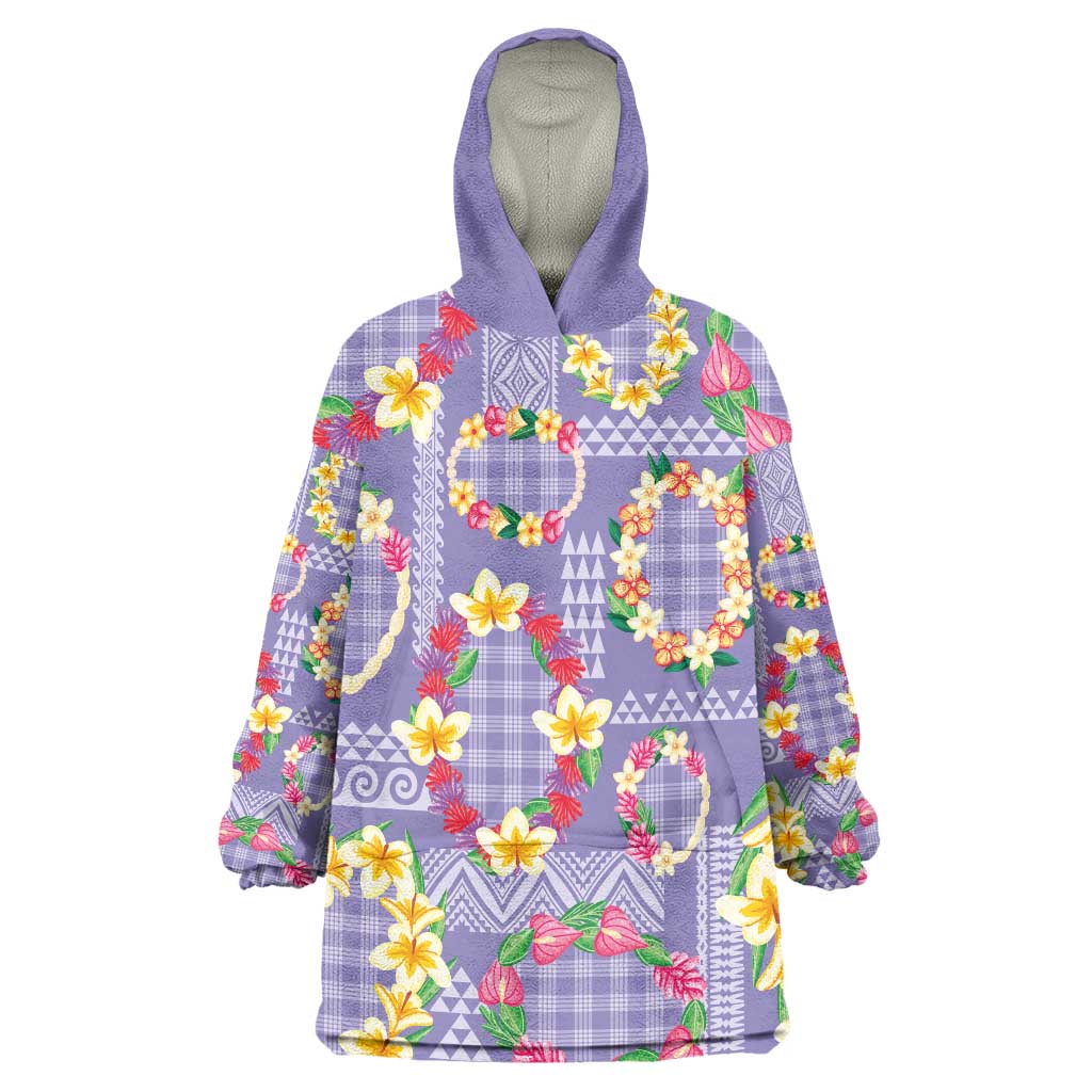 Hawaiian Leis Wearable Blanket Hoodie Kakau Tattoos and Palaka Pastel Purple Color