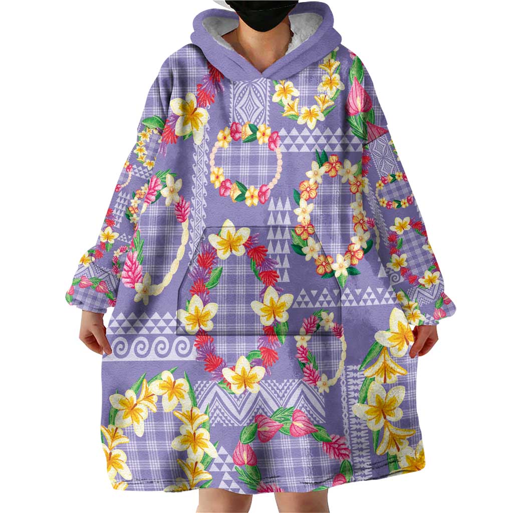 Hawaiian Leis Wearable Blanket Hoodie Kakau Tattoos and Palaka Pastel Purple Color