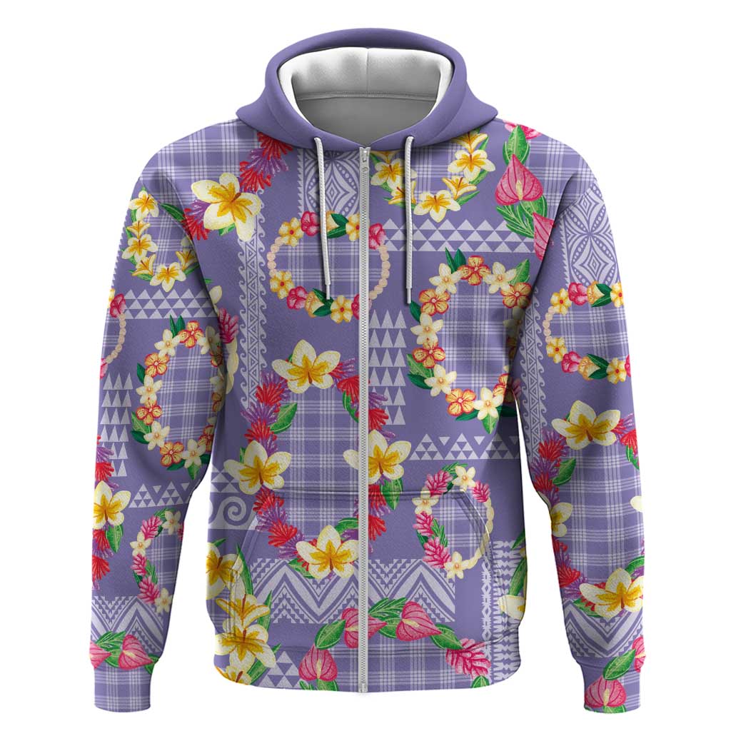 Hawaiian Leis Zip Hoodie Kakau Tattoos and Palaka Pastel Purple Color