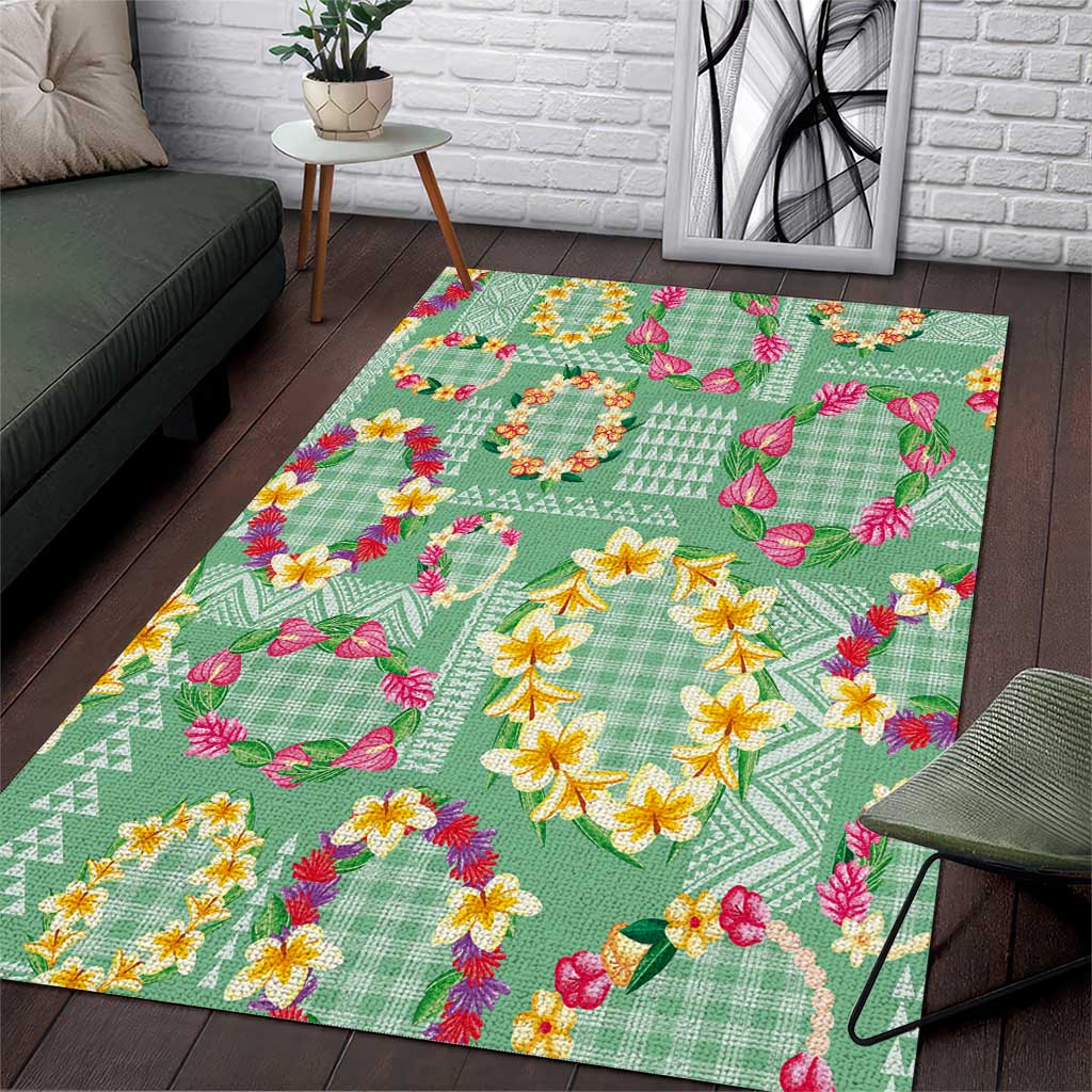 Hawaiian Leis Area Rug Kakau Tattoos and Palaka Pastel Green Color