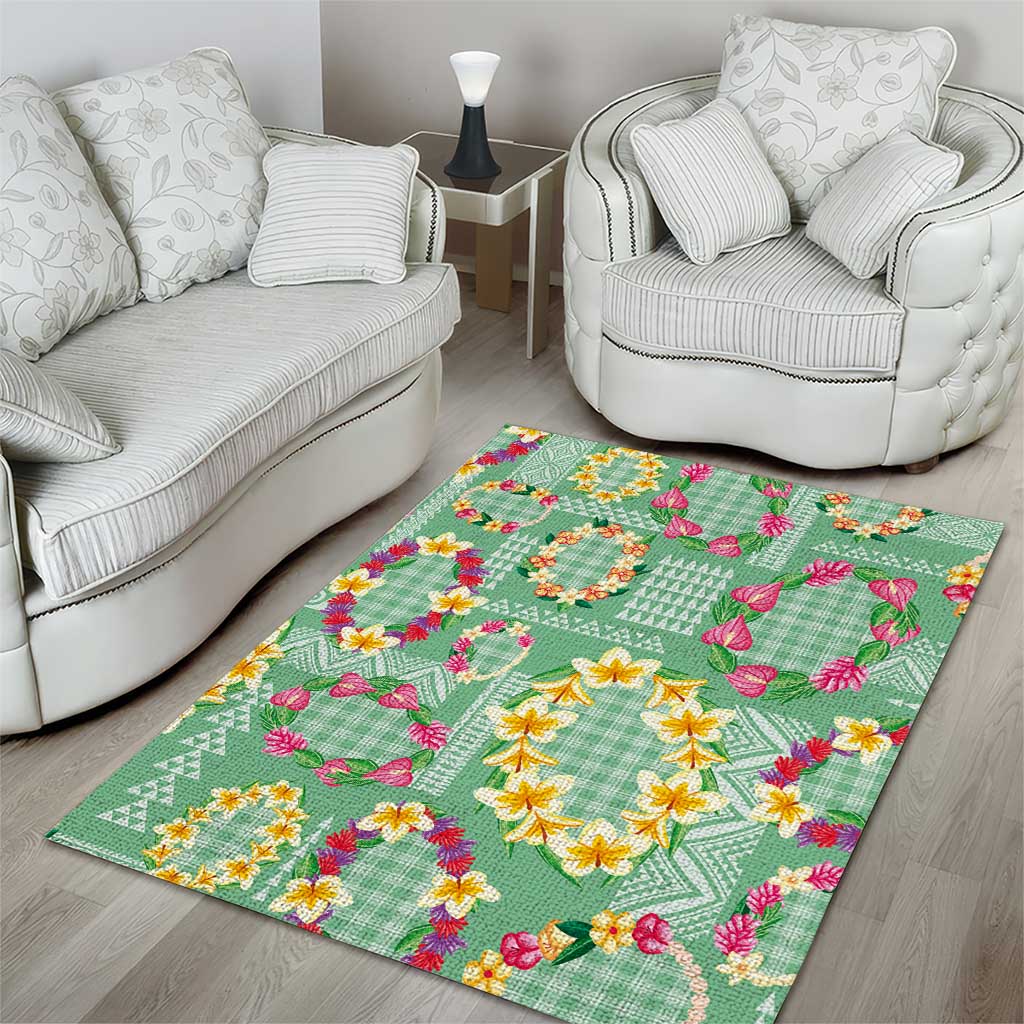 Hawaiian Leis Area Rug Kakau Tattoos and Palaka Pastel Green Color