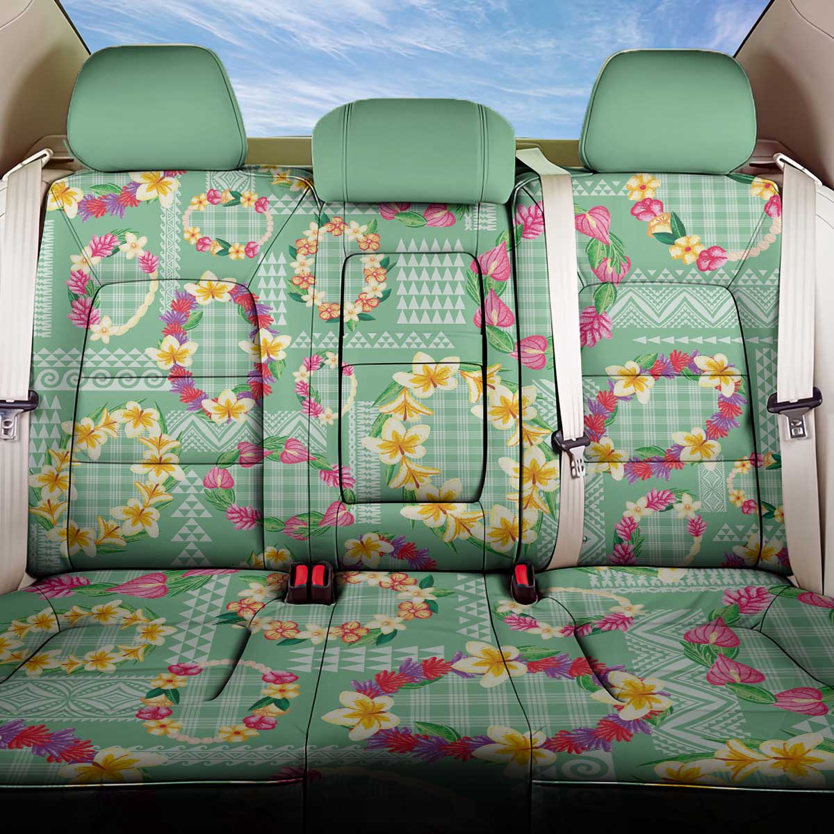Hawaiian Leis Back Car Seat Cover Kakau Tattoos and Palaka Pastel Green Color