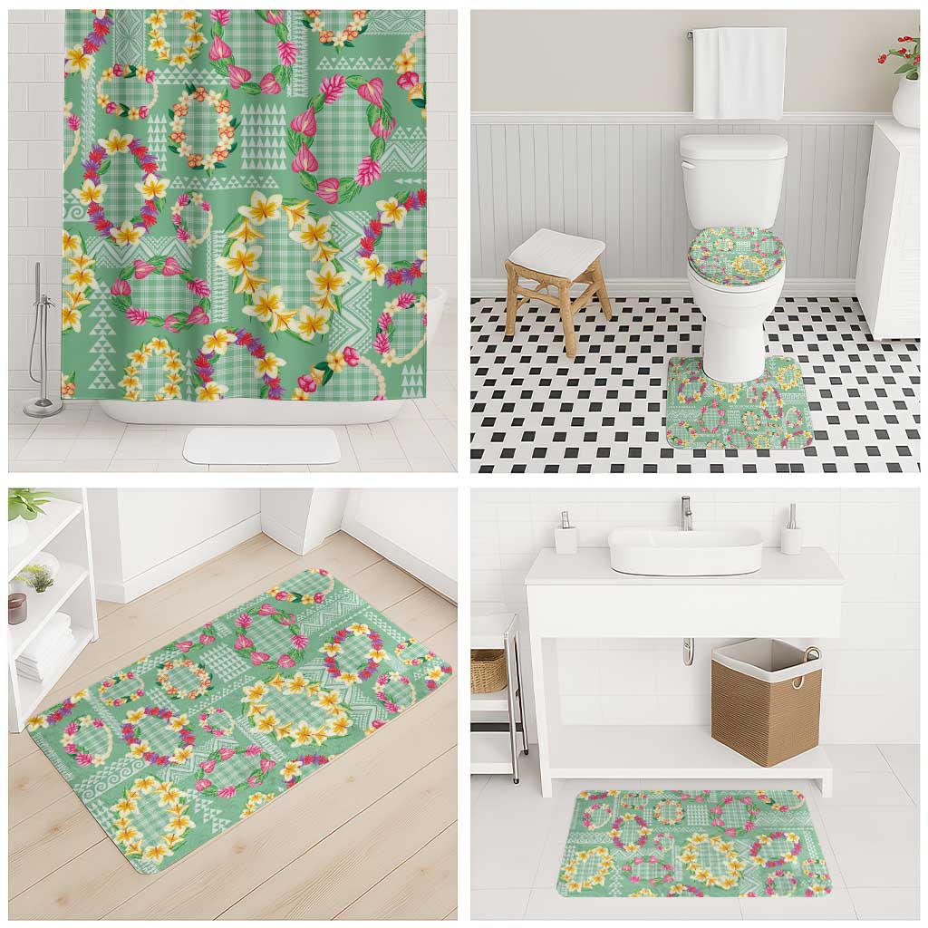 Hawaiian Leis Bathroom Set Kakau Tattoos and Palaka Pastel Green Color