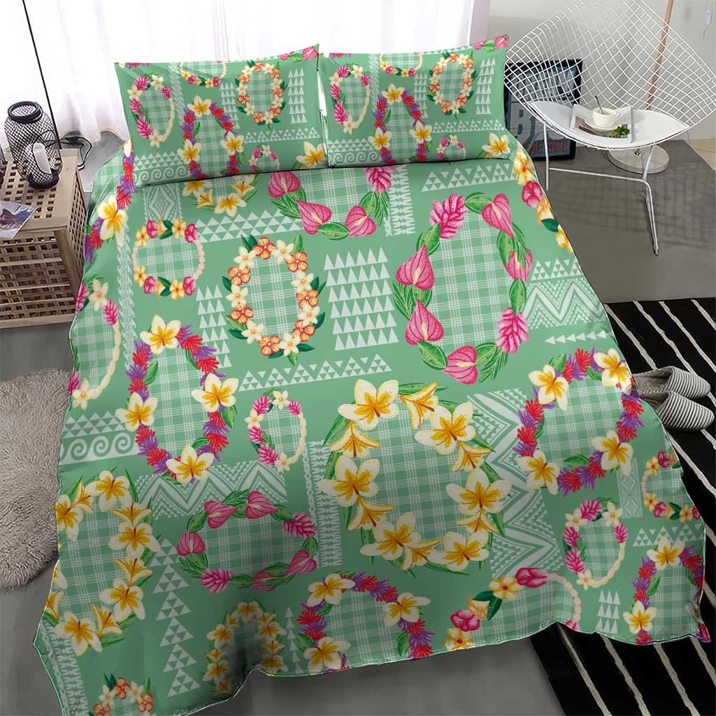 Hawaiian Leis Bedding Set Kakau Tattoos and Palaka Pastel Green Color